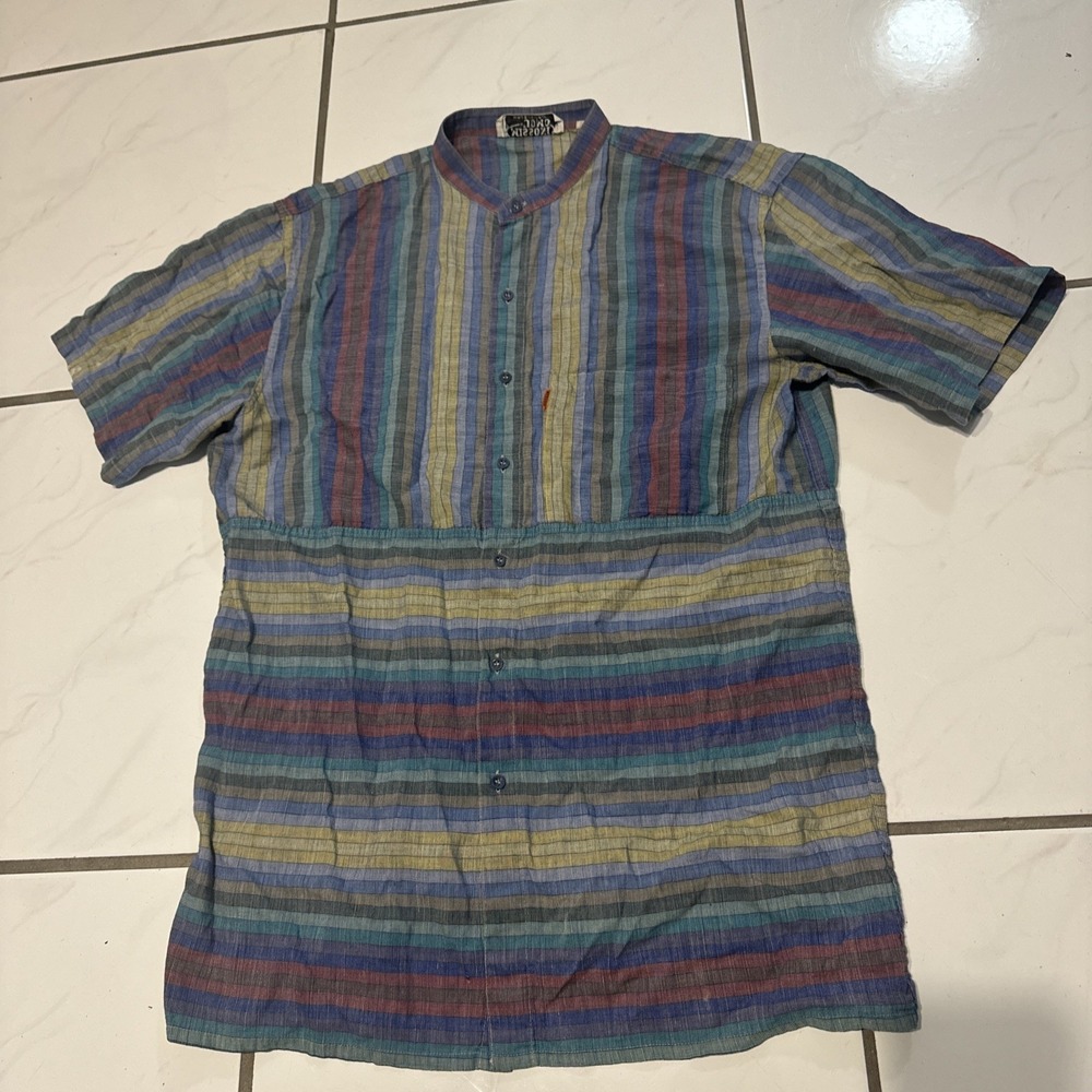 Missoni Men's VTG 80s Mandarin Collar Button Shirt Linen Geometric Jacquard